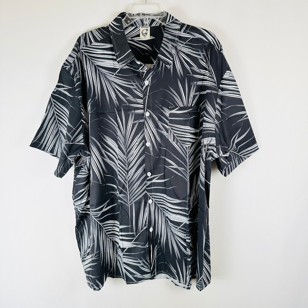 HARDADDY Mens 3XL Button Down Shirt Black White Palm‎ Leaf Print Short Sleeve